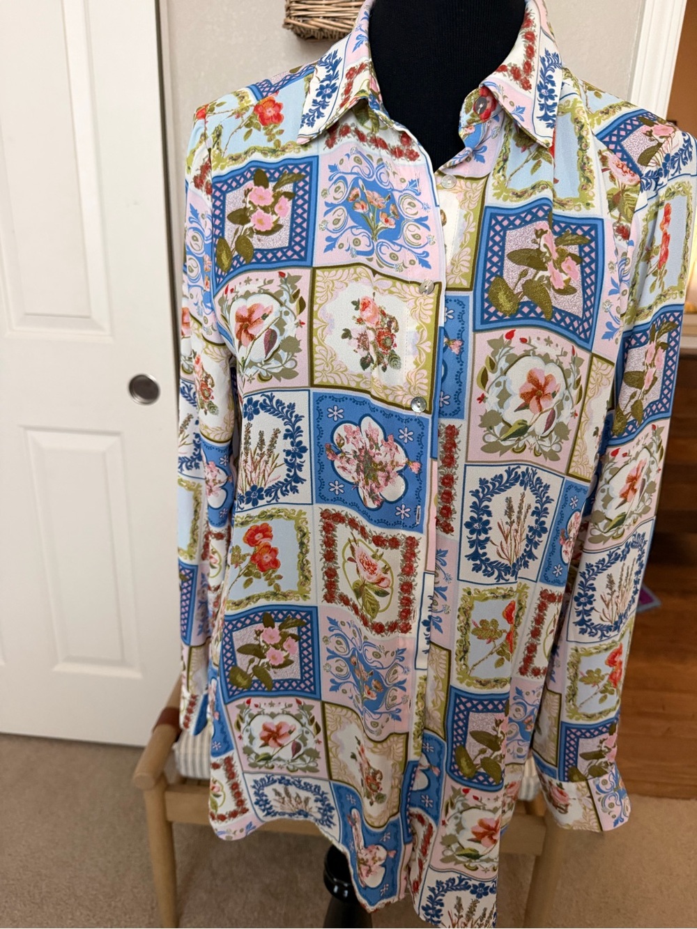 Rose & Olive Blue Multi Floral Patchwork Button-Down Shirt